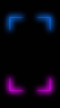 Dikey video. Neon çerçeve. Parlak arka plan. Mavi pembe ışık kare açı köşeleri koyu siyah soyut geometrik boşluk üzerine tasarım.