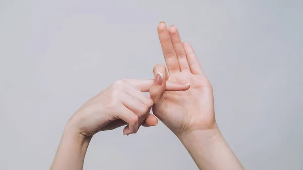 Provocative Gesture Fuck Woman Hands Showing Finger Hole Isolated Gray — Fotografia de Stock