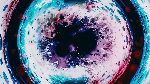Tintenwasser Wirbelt Farbwirbel Lila Rot Weiß Flüssigkeit Spritzer Blauen Kreis — Stockfoto