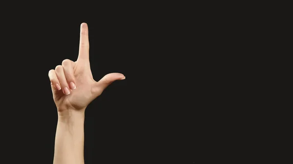 Mão Publicitária Gesto Atenção Mulher Apontando Dedo Para Cima Enquadrando — Fotografia de Stock