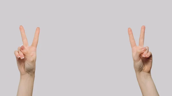 Siegeszeichen Friedensgeste Weibliche Hände Zeigen Symbole Die Das Gewinnen Demonstrieren — Stockfoto