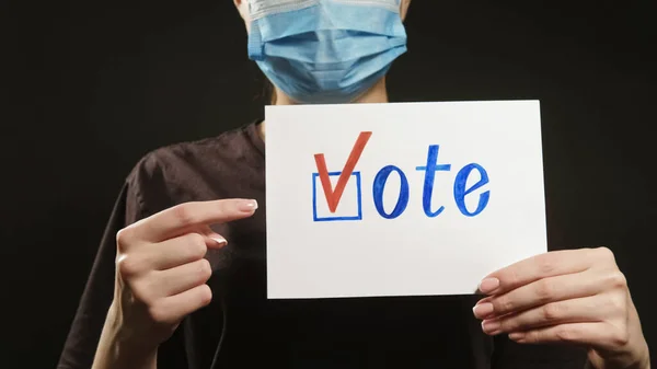 Vote Sign Pandemic Poll Election Duty Unrecognizable Woman Face Mask — Stock Photo, Image