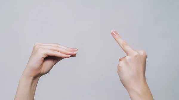 Blah Gesture Middle Finger Woman Hands Arguing Showing Fuck Quarrel — Stock Photo, Image