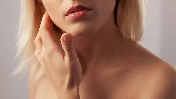 Lips Skincare Nourishing Balm Facial Care Unrecognizable Blonde Woman Glossy — Stock Photo, Image