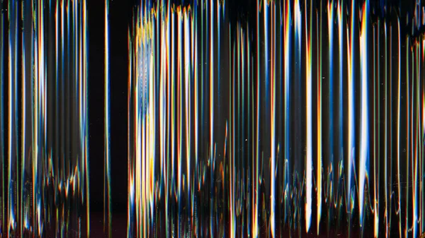 デジタル グリッチ 振動音 信号歪み 輝く青黄色の白いジグザグライン黒の背景に干渉テクスチャ — ストック写真