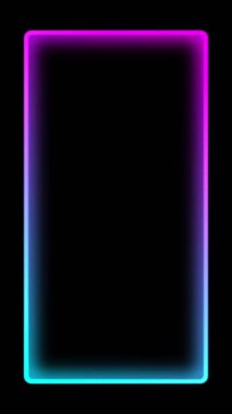 Dikey video. Neon çerçeve. Aydınlatılmış arka plan. Koyu siyah soyut geometrik boş uzay üzerinde bulanık mor cyan mavi renk gradyanı açık dikdörtgen şeklinde.