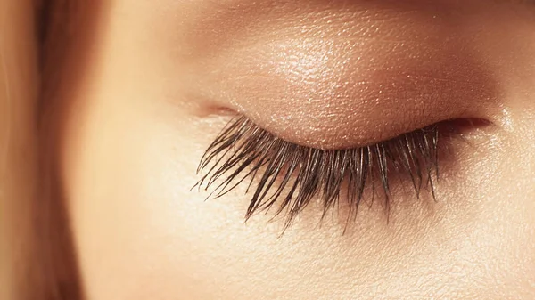 Mascara Makeup Eyes Cosmetics Nude Eyeshadow Macro Woman Closed Eyelid — Stock Photo, Image