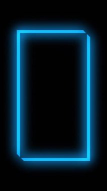 Dikey video. Parlak çerçeve. Neon ışıklı arka plan. Mavi renk floresan lazer aydınlatma dikdörtgeni koyu siyah soyut geometrik reklam alanı boş.