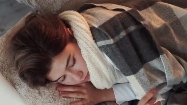 Sneezing Symptoms Seasonal Flu Sick Woman Catching Cold Laying Sofa — Stock Video