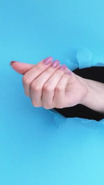 Dikey video. Para hareketi. Ödeme işareti. Kadın el, mavi yırtık duvar zemininde, içi boş arkaplanda nakit para istiyor..