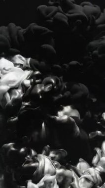 Dikey video. Mürekkep suyu. Sıvı sıçraması. Açığa çıkarma etkisi. Siyah gri parıltılı boya karışımı hareket tozu parçacıkları koyu soyut sanat arka planında yüzüyor..