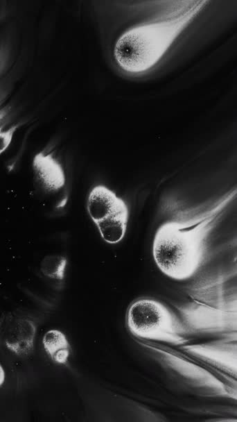垂直ビデオ 汚い汚れだ ブラック インクだ 白い汚れの上に広がる泥の流体粒子油水彩スポット謎の抽象的な背景 — ストック動画