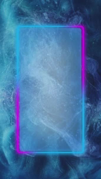 垂直录像 发光的框架 彩色烟雾 带有复制空间的蓝色粉红霓虹灯光矩形云彩运动抽象背景 — 图库视频影像