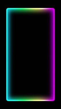 Dikey video. Elektrik çerçevesi. Neon ışıklı arka plan. Odaklanmamış mor cyan mavi renk gradyan parlayan dikdörtgen çizgileri koyu siyah soyut geometrik kopya uzayı üzerinde hareket.