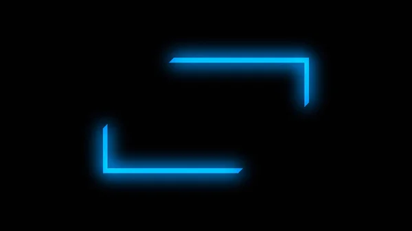 Blur neon frame. Glowing background. Defocused blue color led light flare square angle corners design on dark black abstract geometric empty space.