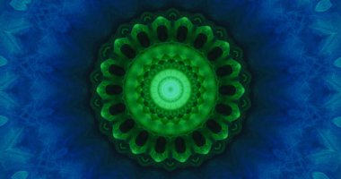 Parlayan fraktal. Kaleydoskop süsü. Yeşil mavi yuvarlak, yaratıcı simetrik desen soyut sanat arkaplanı ve boş alan.