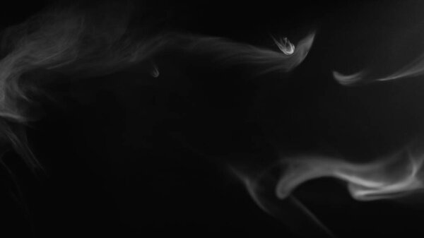 Steam overlay. Smoke wave. Night mist. Defocused transparent white fume texture on dark black copy space abstract background.