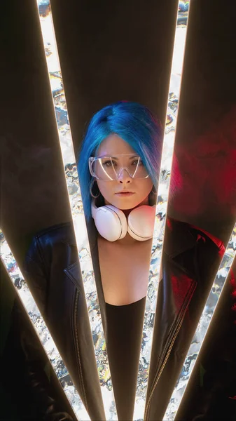 Cyberpunk people. Futuristic portrait. Vaporwave party night. Confident DJ woman with blue hair goggles headphones on pink neon light glitch illumination smoke dark background.