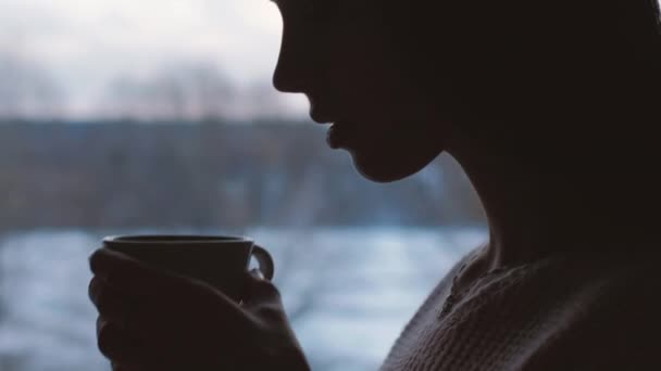 커피를 즐기세요 편안한 낭만적 진정한 분위기에서 황혼에 창문에서 집에서 컵에서 — 비디오