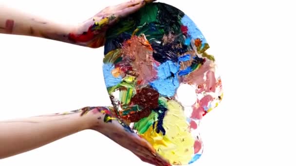 Vídeo Vertical Paleta Pintura Ferramenta Arte Mulher Artista Mãos Segurando — Vídeo de Stock