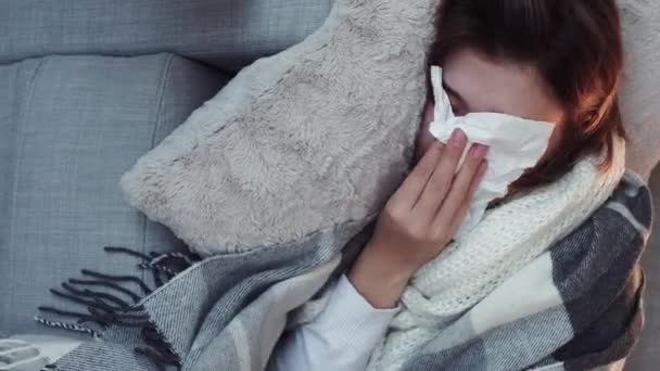 Vertikales Video Ansteckungsfieber Grippe Niesen Ungesundes Mädchen Eingewickelt Karierte Liege — Stockvideo