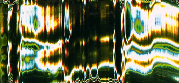 グリッチ ディストーション オーバーレイの背景 ネオン グリーン オレンジの白い塗る振動ライン パターンが付いている黒い表示 — ストック写真
