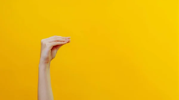 手部剧场新闻广告 女性手臂嘴巴姿势说话有趣的表演介绍感觉孤立在黄色背景空旷的空间 — 图库照片