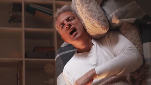 Vertical Video Runny Nose Home Flu Suffering Man Sneezing Hard — Stock Video