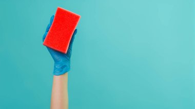 Temizlik malzemeleri. Ev hijyeni. Elinde kırmızı çamaşır süngeri olan koruyucu eldivenli hizmetçi yeşil arka planda boş bir alanda izole edilmiş..