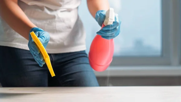 Furniture cleaning. Detergent product. Careful room hygiene. Woman janitor hands in protective gloves with spray bottle washing table surface with sponge wiper light home interior.