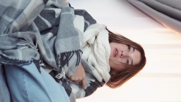 Vertical Video Sick Shivering Headache Pain Catching Cold Woman Wrapped — Stock Video