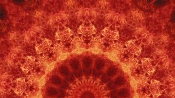 カレイドスコープの背景 ファイア マンダラ 輝く光沢のある赤いオレンジ色 スパークイコライザー効果フリッカーモーションと円形対称抽象装飾 — ストック動画