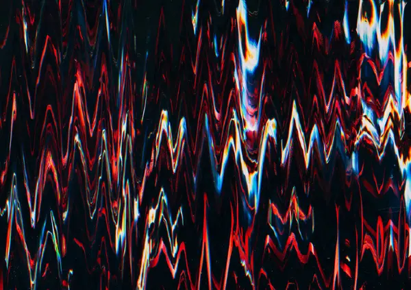 stock image Glitch pattern. Vhs noise. Distorted screen. Digital surface red blue white glowing zigzag lines texture analog TV on black background.