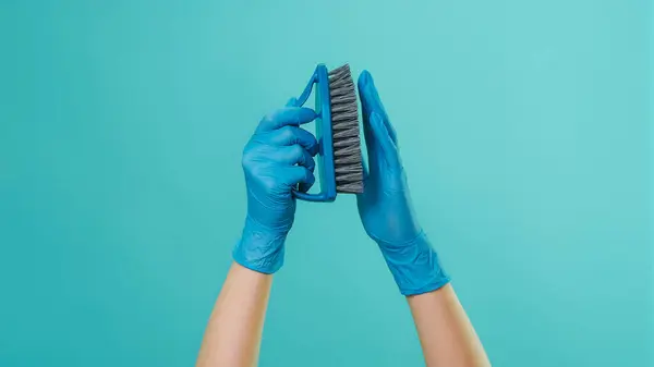 Hygiene Equipment Hard Bristles Professional Janitor Hands Protective Gloves Touching — Stock Photo, Image