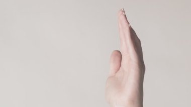 Dikey video. Jest teklif ediyorum. Avuç içi. Fotokopi alanını açık tutan kadın, gri arkaplanda izole edilmiş ürün teklif ediyor..