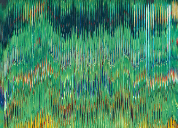 Glitch abstract background. Static noise texture. Frequency error. Green blue orange color vibration digital distortion art illustration wallpaper with free space.