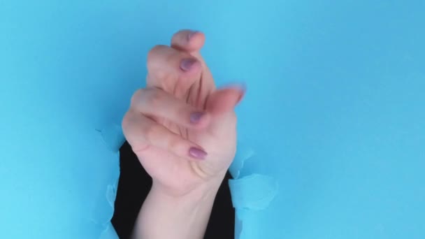 垂直ビデオ 指のスナップ 簡単なジェスチャーだ 青い破れた紙の壁の背景にある穴の中の女性の手空のスペースループ — ストック動画