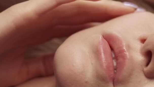 Vertikales Video Lippenpflege Feuchtigkeitsbalsam Aging Behandlung Naturkosmetologie Entzückte Glückliche Frau — Stockvideo