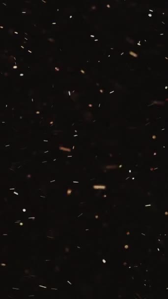 垂直录像 飞行的火花 模糊的金色片状颗粒漂浮在黑暗的黑色自由空间的抽象背景上 — 图库视频影像