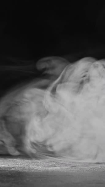 バーティカルビデオ スモークスワールド フューム クラウド スモッグウェーブ ダークブラックフリースペース抽象的な背景にダスト灰の質感表面に広がる白い蒸気 — ストック動画