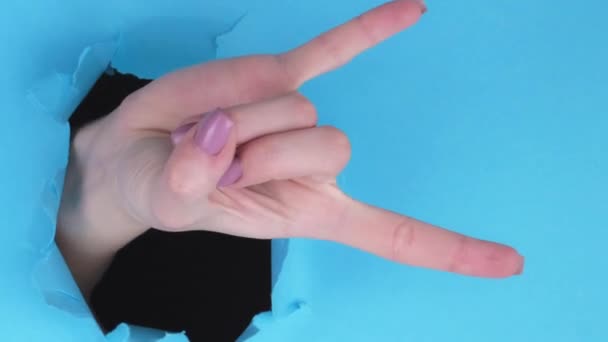 垂直录像 角的标志 酷毙了带复制空间的蓝色撕破墙背景图上显示手指在突破纸孔内的女性风扇手 — 图库视频影像