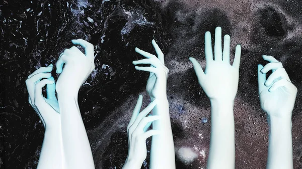 Negatief Effect Psychedelische Energie Fantasie Sterrenstelsel Blauwe Vrouw Alien Handen — Stockfoto