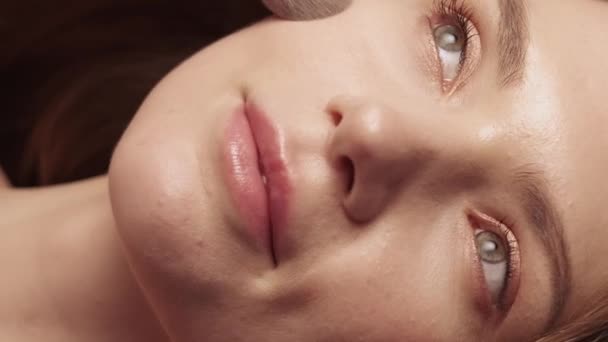 垂直录像 影像艺术家 专业化妆 年轻娇嫩女子面部化妆品刷工具完美容光焕发的面部肌肤 — 图库视频影像