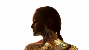 Ruhsal aydınlanma. Ruh güzelliği. Beyaz arkaplanda izole edilmiş soyut altın parıltılı kadın portresi.