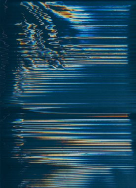 Statik gürültü dokusu. Arıza örtüsü. Analog çarpıtması. Mavi turuncu beyaz bulanık çizgiler koyu çizimler soyut boş alan arkaplanı üzerinde.