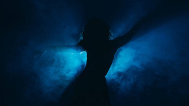 Kadın dansçı. Profesyonel koreografi. Duygusal zarif kadın sanatçı silueti sisli gölge projektöründe hareket ediyor açık mavi arkaplan kopya alanı.