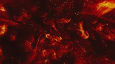 Dikey video. Kıvılcımlar. Enerji akışı. Hipnotik çözünmüş turuncu altın parıldayan parlak sıvı mürekkep siyah boya sıvısına yayılıyor soyut sanat eserlerine..