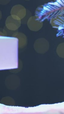 Dikey video. Tatil hediyesi. Noel teslimatı. Kurye koruması. Koruyucu eldivenler verin, kar çam ağacına kırmızı fiyonklu yeni yıl kutusunu koyun. Karanlık xmas gecesi arka planı..