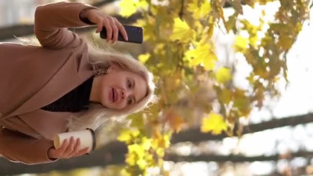 Vertikální Video Online Schůzka Šťastná Žena Mobilní Připojení Usmívající Dáma — Stock video