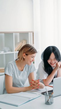 Takım çalışması beyin fırtınası. Video konferansı. Şirket sanal toplantısı. Dizüstü bilgisayardaki iki kadın iş yerindeki iş yerindeki internet görüşmeleri..